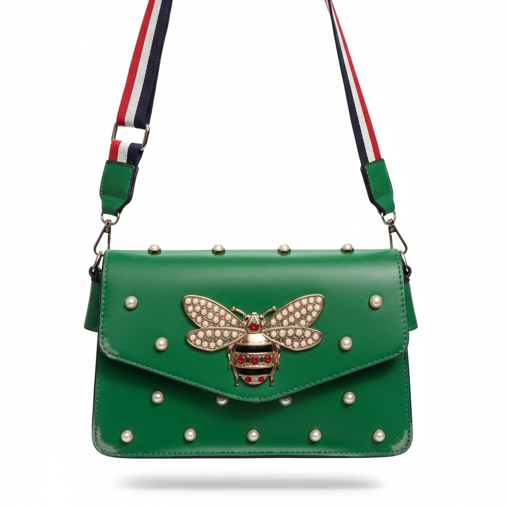 Green Shoulder Bag with Bee Accent - Women's Shoulder Bag